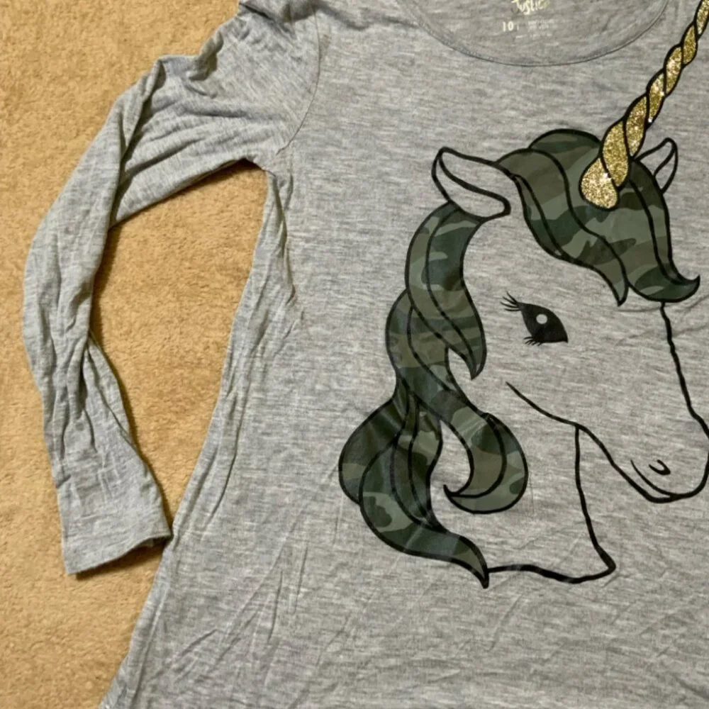 Justice Girls 10 Heather Gray Camo Glitter Unicorn Long Sleeve Round Neck‎ Top